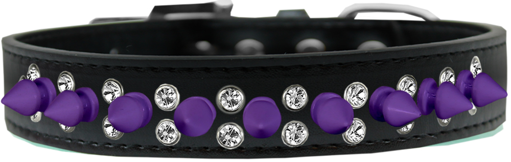 Double Crystal and Purple Spikes Dog Collar Black Size 14